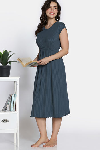 Buy Zivame 2 Mile Fashion Knit Poly Mid Calf Length Nightdress - Stormy Weather